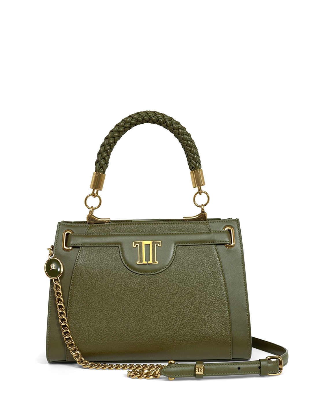 

Tarun Tahiliani Leather Structured Handheld Bag with Applique, Olive