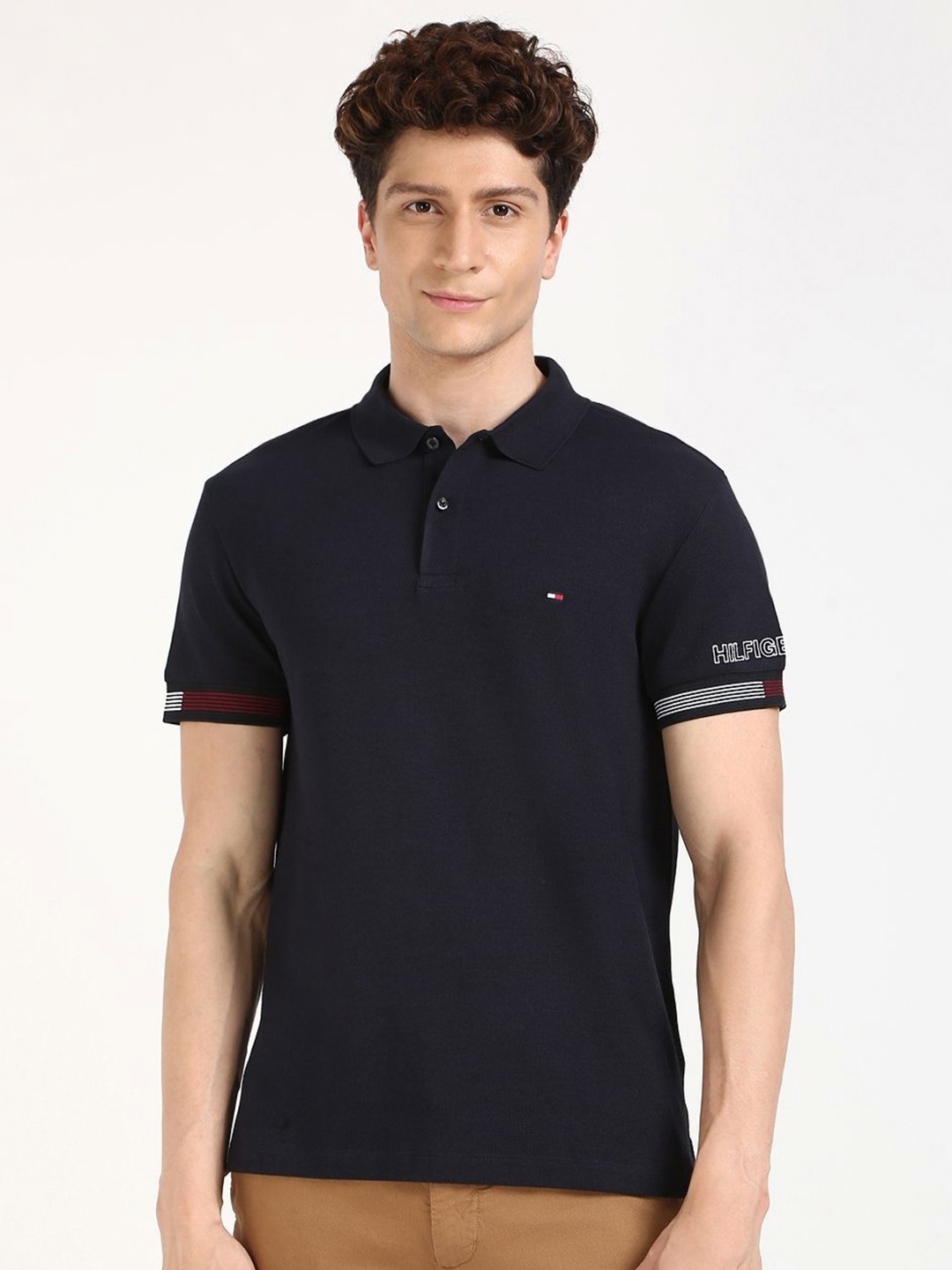 

Tommy Hilfiger Men Solid Polo Collar Organic Cotton Slim Fit T-shirt, Blue