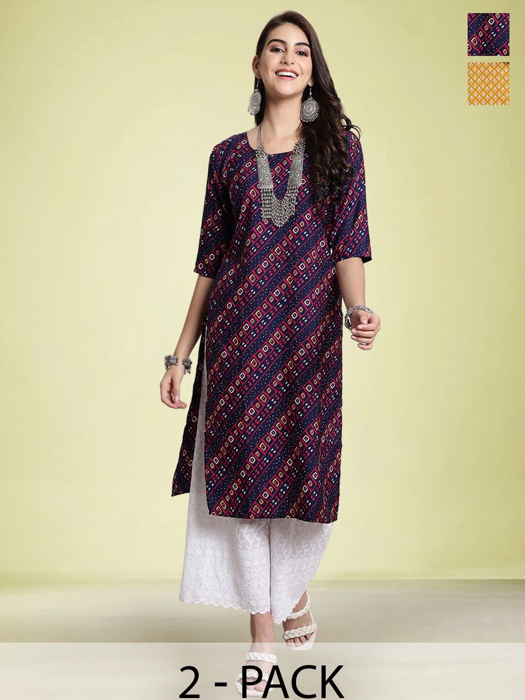 

Moda Rapido Selection Of 2 Ethnic Motifs Printed Round Neck Straight Kurtas, Blue