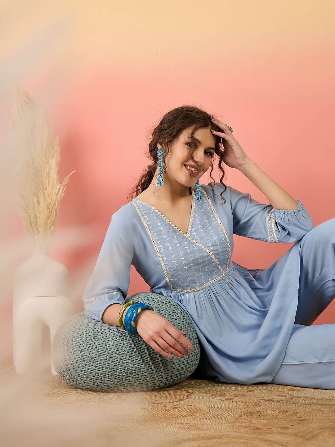 

Sangria Blue Floral Embroidered V-Neck Mirror Work Puff Sleeves Tunic With Trousers