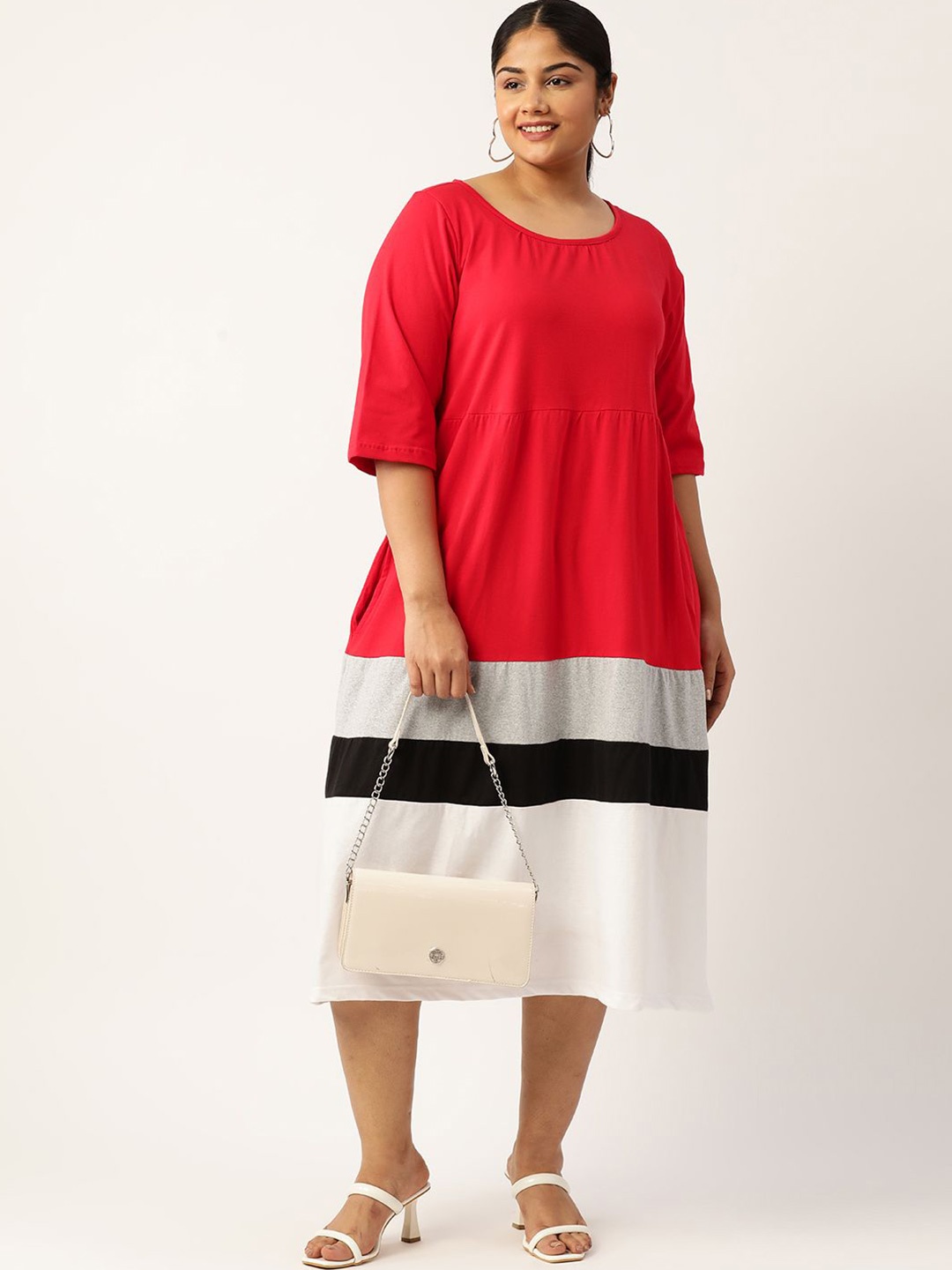 

theRebelinme Women Colourblocked A-Line Midi Dress Plus Size, Red