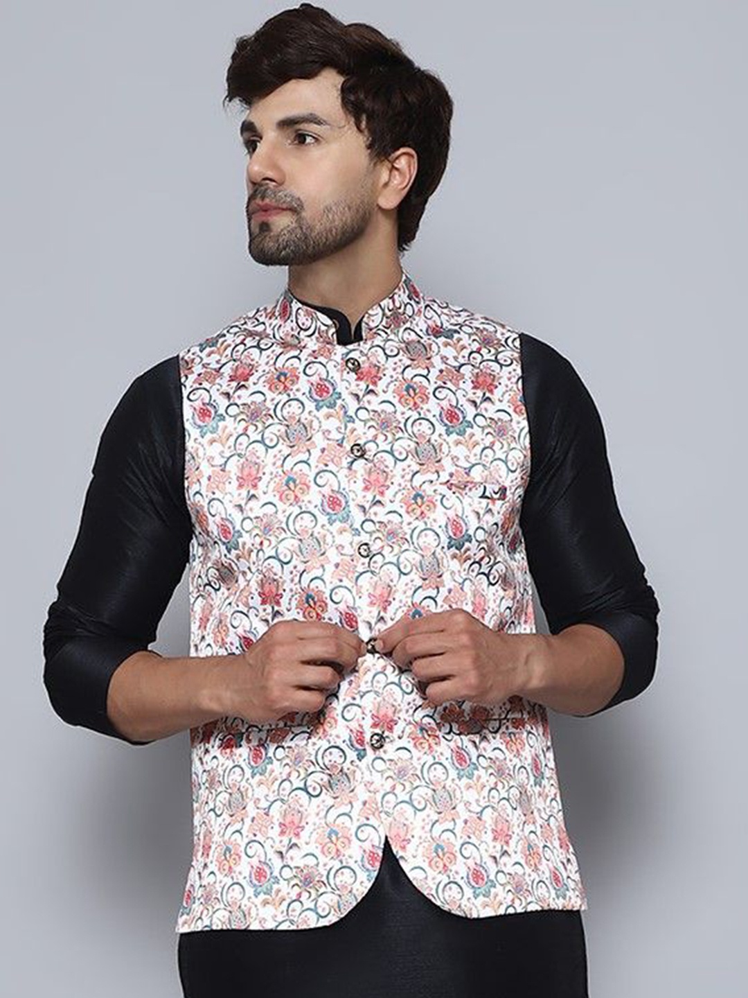 

BANHUSSAIN Printed Satin Nehru Jacket, White