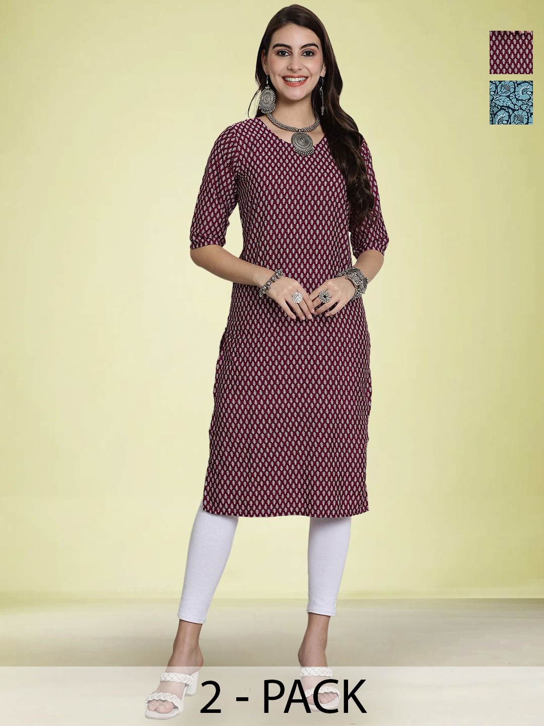 

Moda Rapido Selection Of 2 Floral Printed Round Neck Straight Kurtas, Maroon