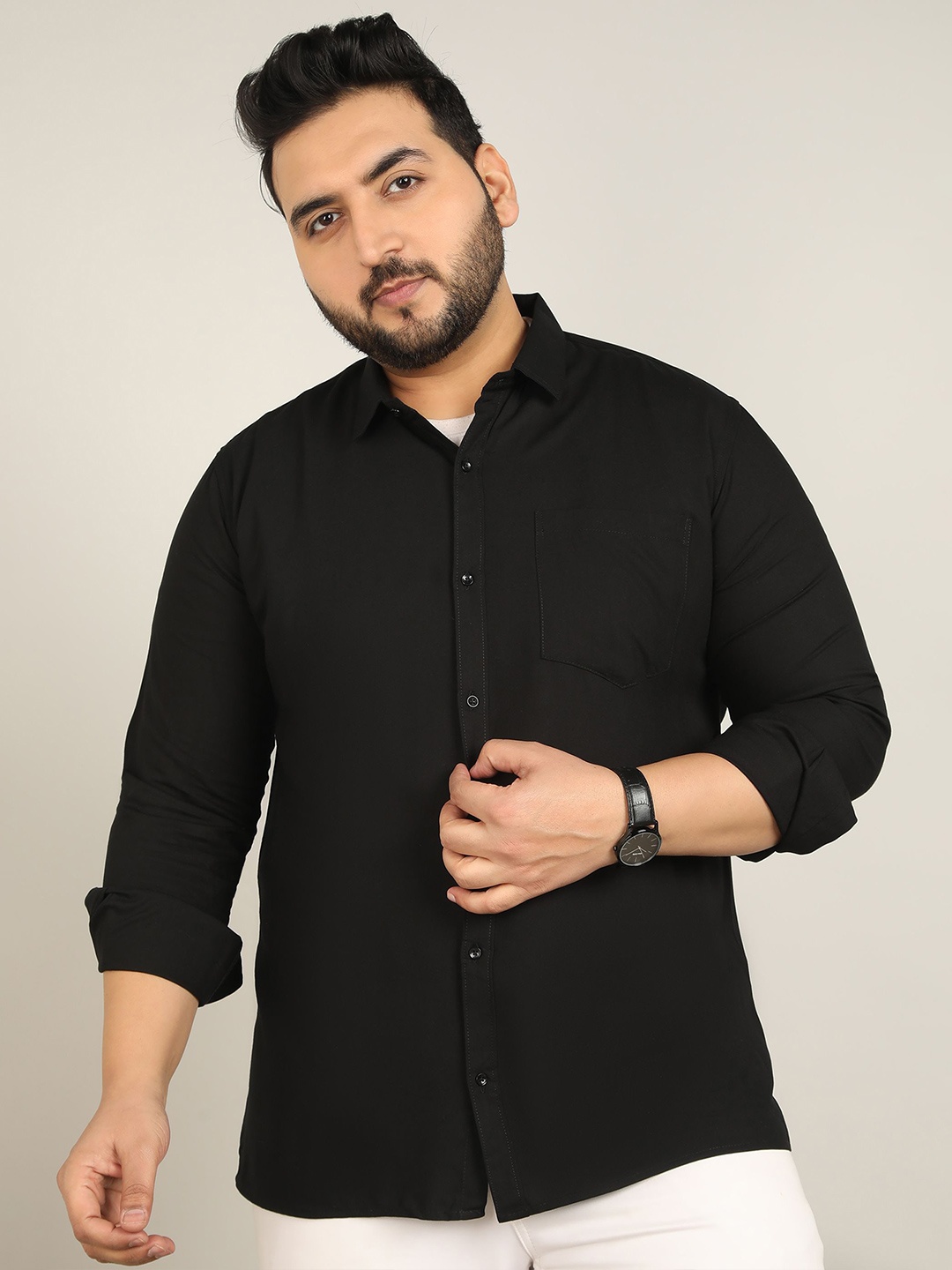 

ADWYN PETER Men Plus Size Classic Fit Spread Collar Solid Cotton Casual Shirt, Black