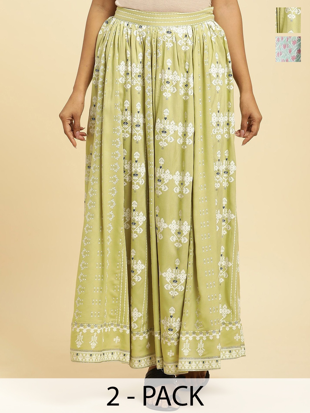 

W Women Pack Of 2 Printed Pure Cotton Maxi Skirt, Green