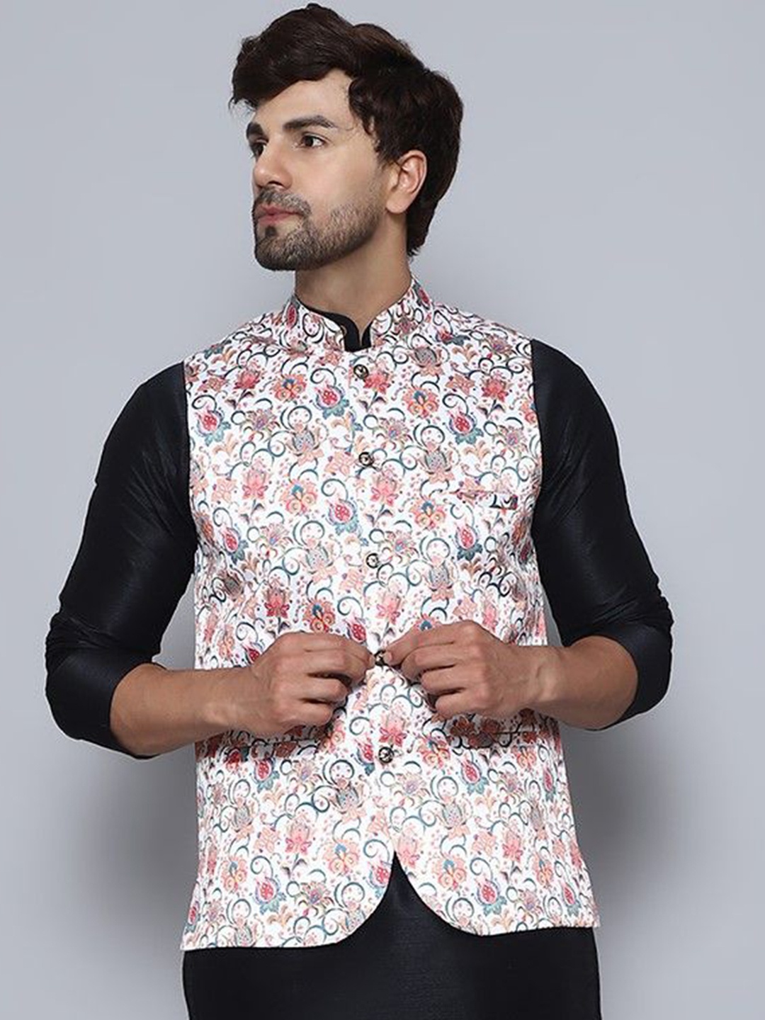 

BANHUSSAIN Printed Satin Nehru Jacket, White