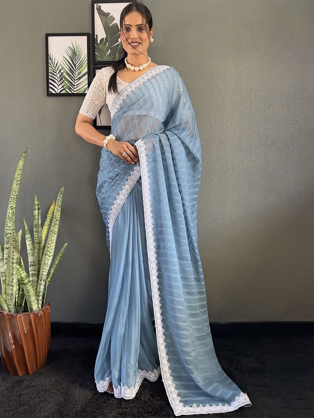 

LADY SHOPI Striped Embroidered Pure Chiffon Ready to Wear Saree, Turquoise blue