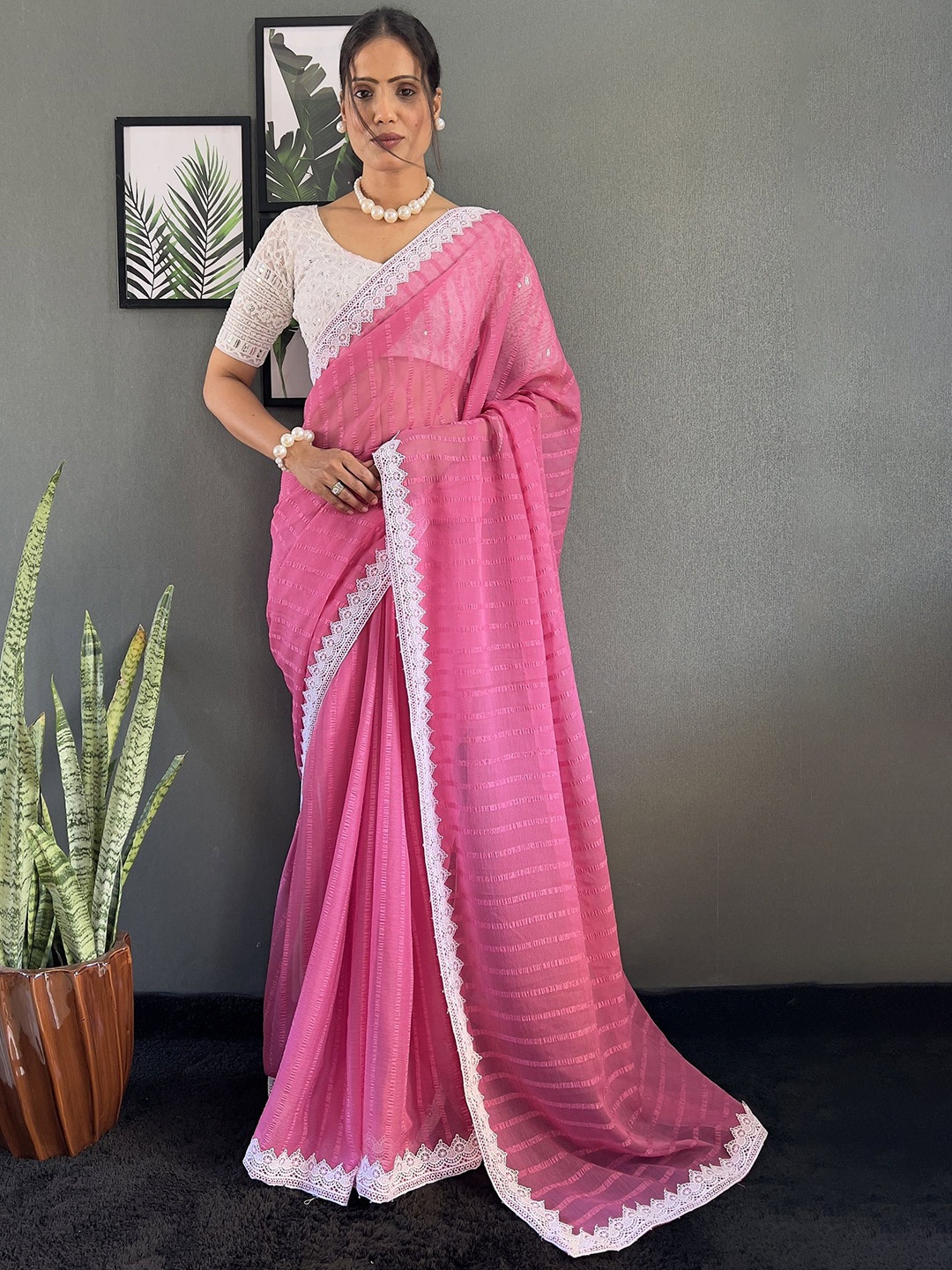 

JULEE Pure Chiffon Ready to Wear Saree, Pink