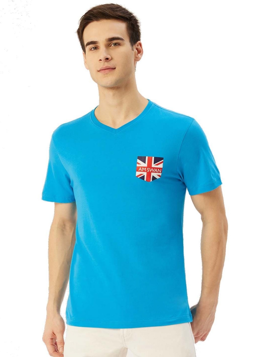 

AMSWAN Men Printed V-Neck Pockets T-shirt, Turquoise blue