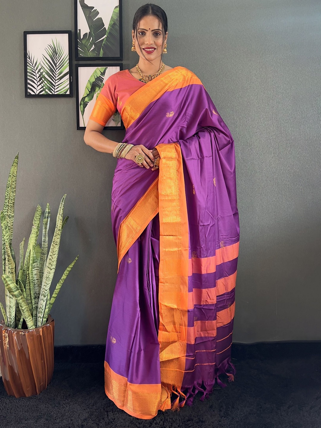 

LADY SHOPI Woven Design Zari Silk Cotton Ready to Wear Kanjeevaram Saree, Purple