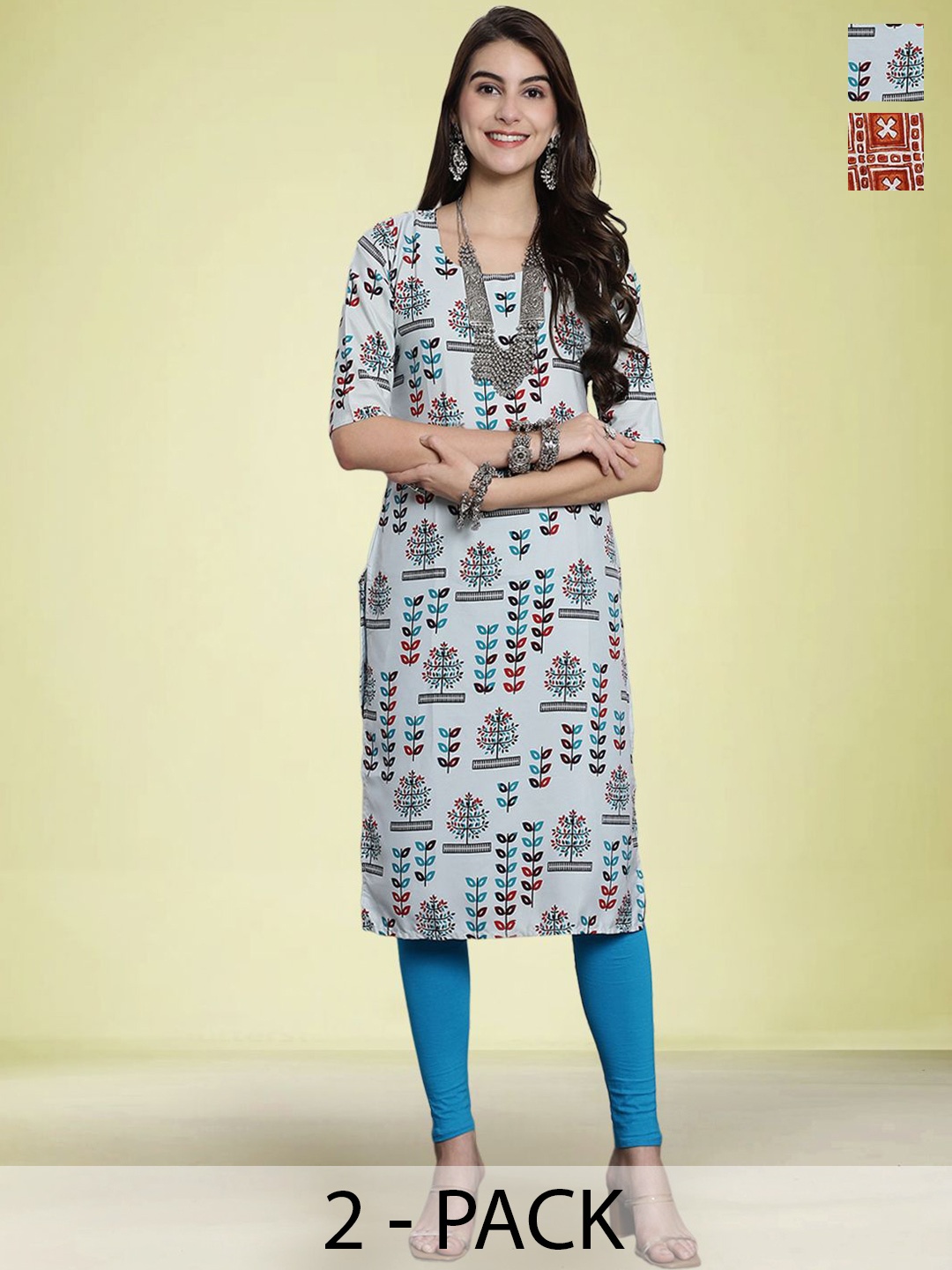 

Moda Rapido Women Pack Of 2 Ethnic Motifs Printed Straight Kurta, Blue