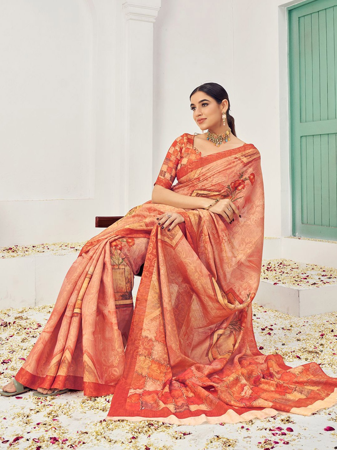 

Krimmple Floral Printed Pure Silk Saree, Orange