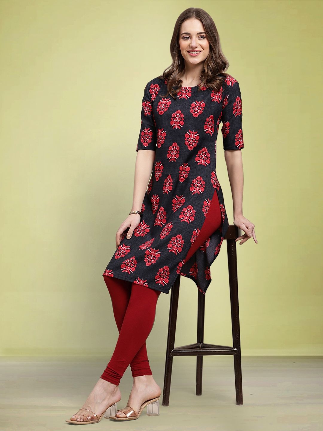 

Moda Rapido Floral Printed Round Neck Straight Kurta, Black