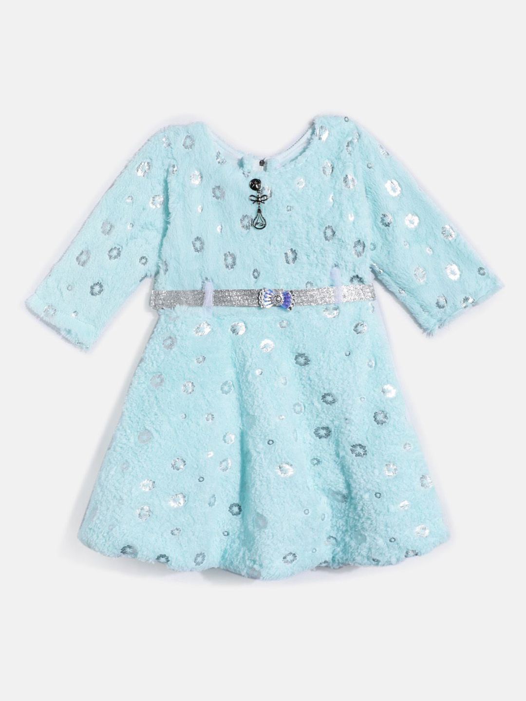 

HERE&NOW Girls Foil Print Woollen Dress With Belt, Blue