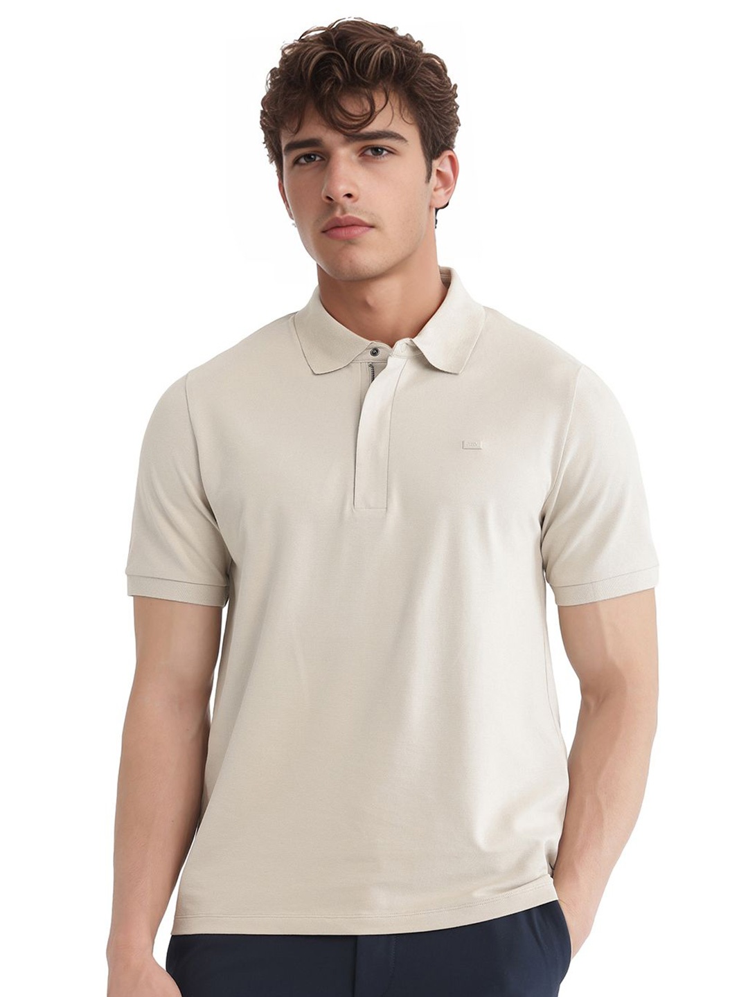 

RARE RABBIT Men Solid Polo Collar Cotton T-shirt, Beige