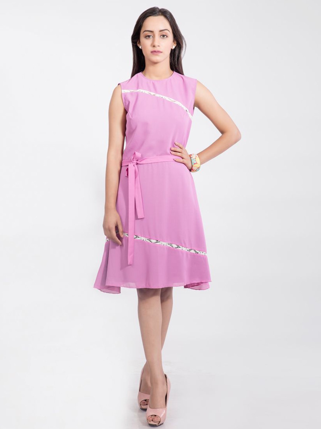

DELIS Women Tie-Ups Georgette A-Line Dress, Pink