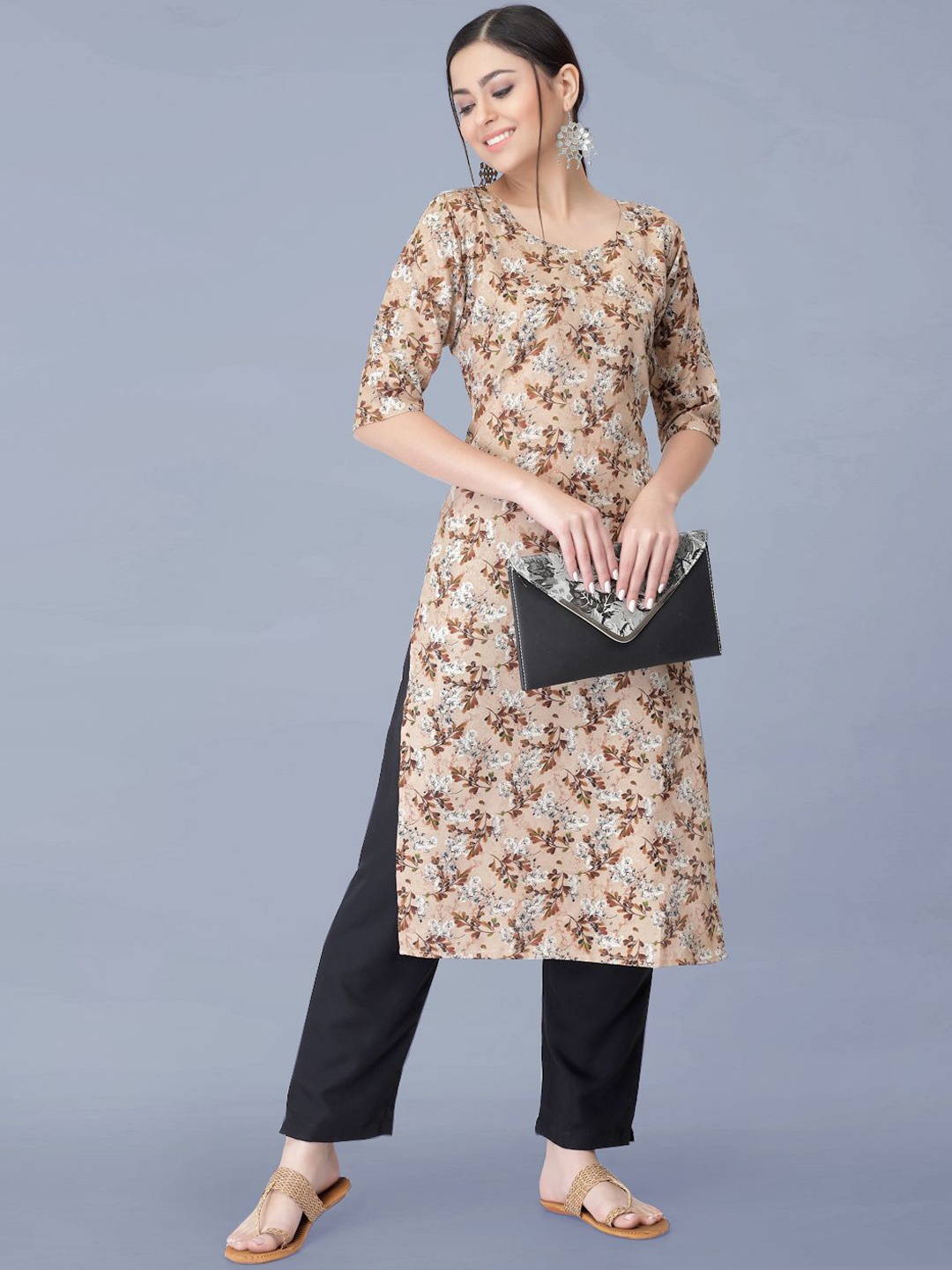 

Moda Rapido Floral Printed Round Neck Straight Kurta With Trousers, Beige