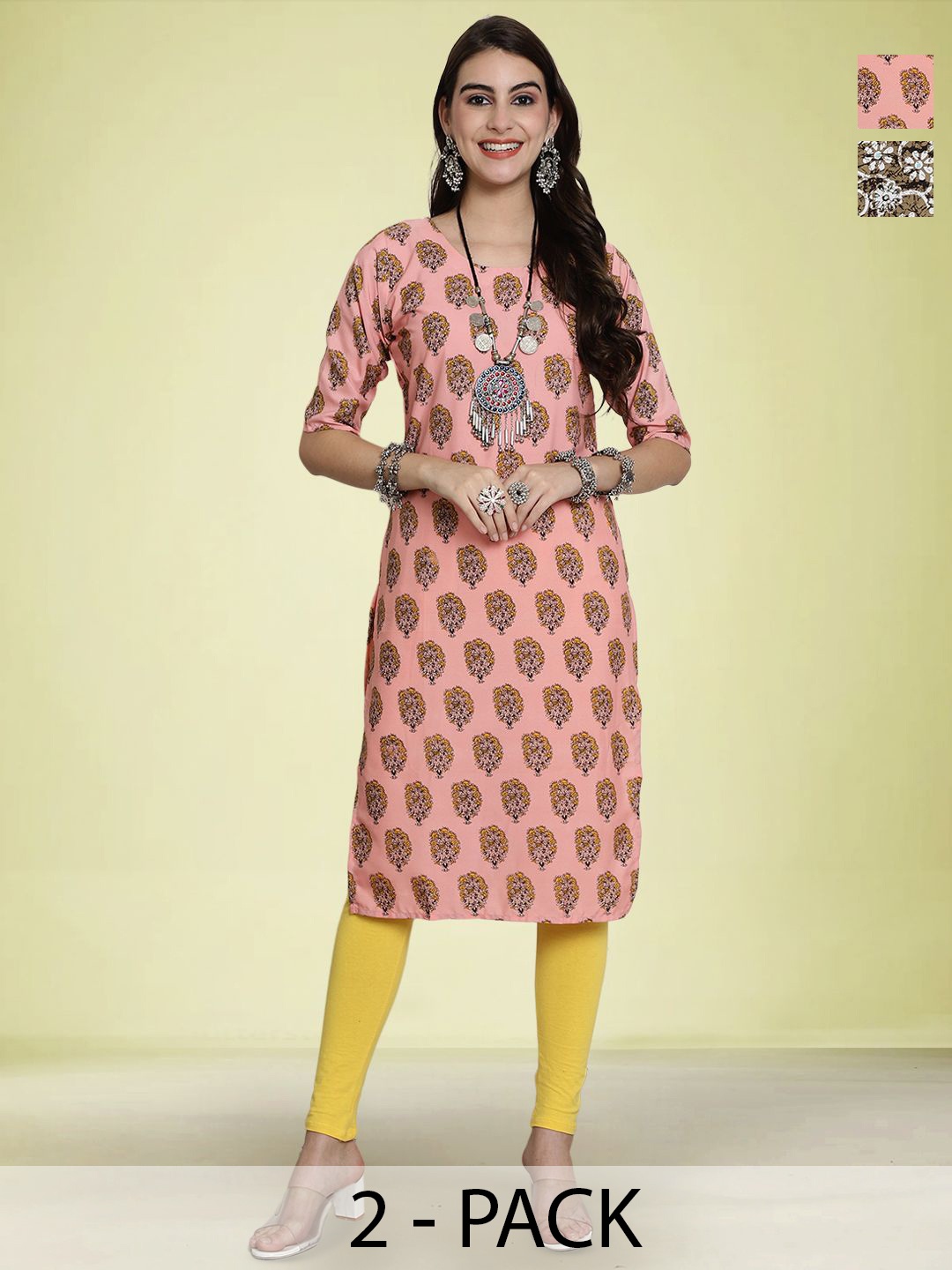 

Moda Rapido Selection Of 2 Floral Printed Round Neck Straight Kurtas, Peach