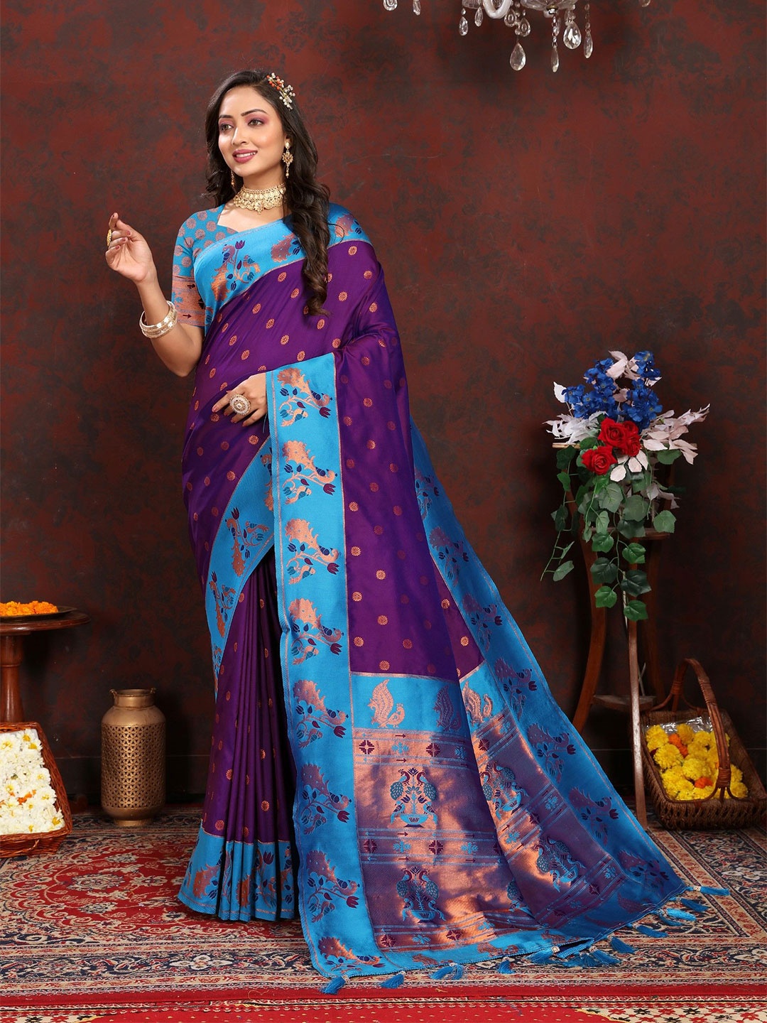 

LeeliPeeri Designer Woven Design Zari Silk Blend Paithani Saree, Purple