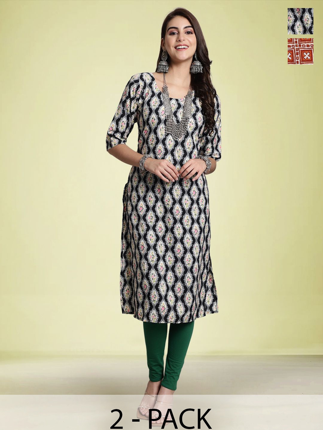 

Moda Rapido Selection Of 2 Floral Printed Round Neck Straight Kurtas, Black