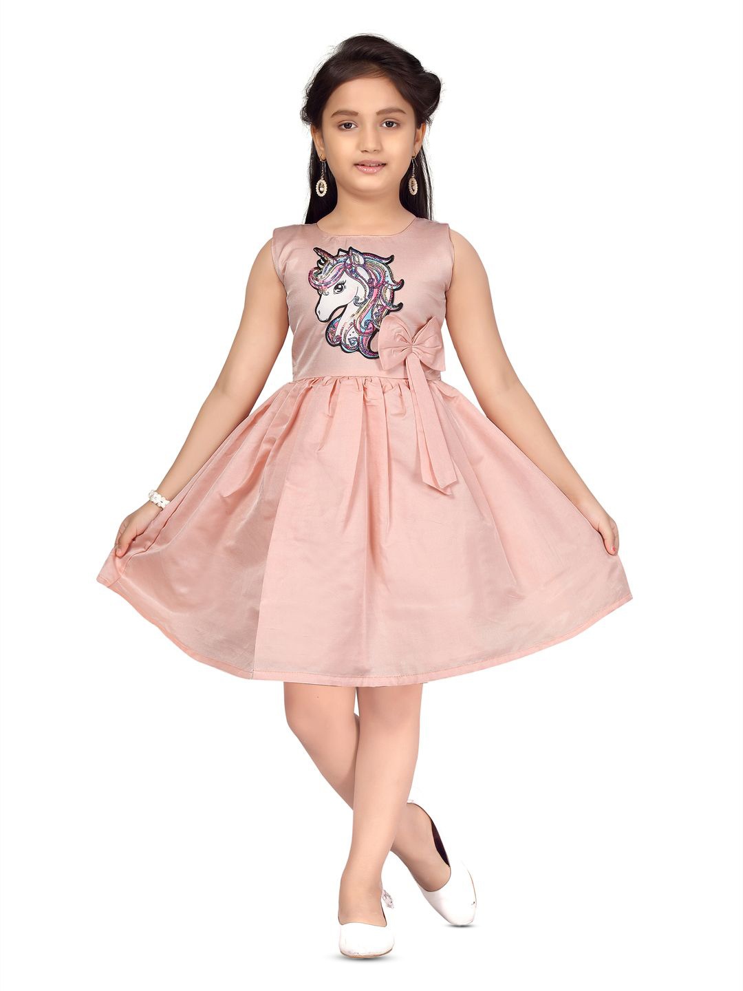 

Sangria Girls Unicorn Patch Silk Frock, Peach