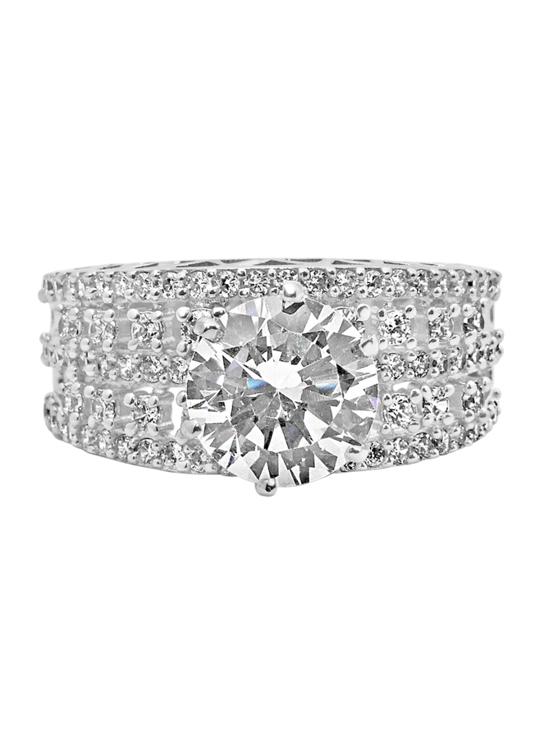 

925 SILLER 925 Sterling Silver Rhodium-Plated Cubic Zirconia-Studded Finger Ring