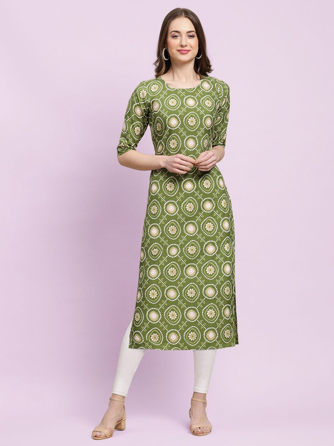 

Moda Rapido Geometric Printed Round Neck Straight Kurta, Olive