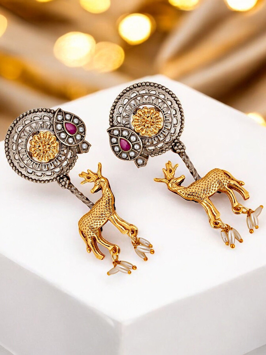

LUCKY JEWELLERY Gold-Plated Artificial Stone Studded Contemporary Oxidised Drop Earrings, Silver
