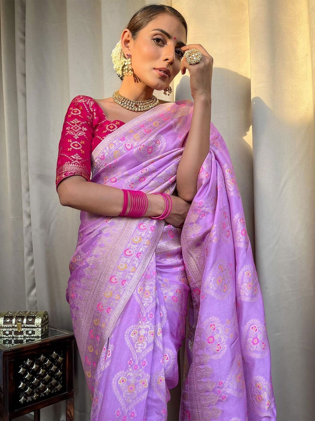 

Krimmple Woven Design Zari Banarasi Saree, Lavender