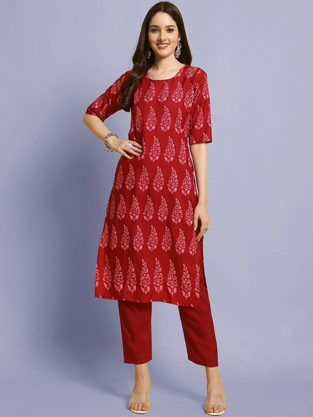 

Moda Rapido Floral Printed Round Neck Straight Kurta With Trouser, Red