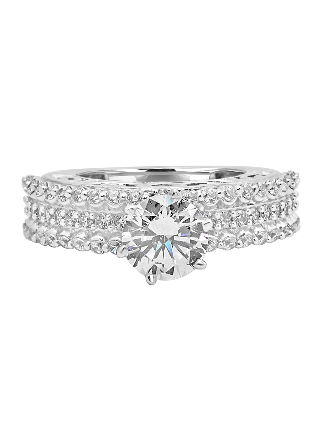 

925 SILLER 925 Sterling Silver Rhodium-Plated Cubic Zirconia-Studded Finger Ring