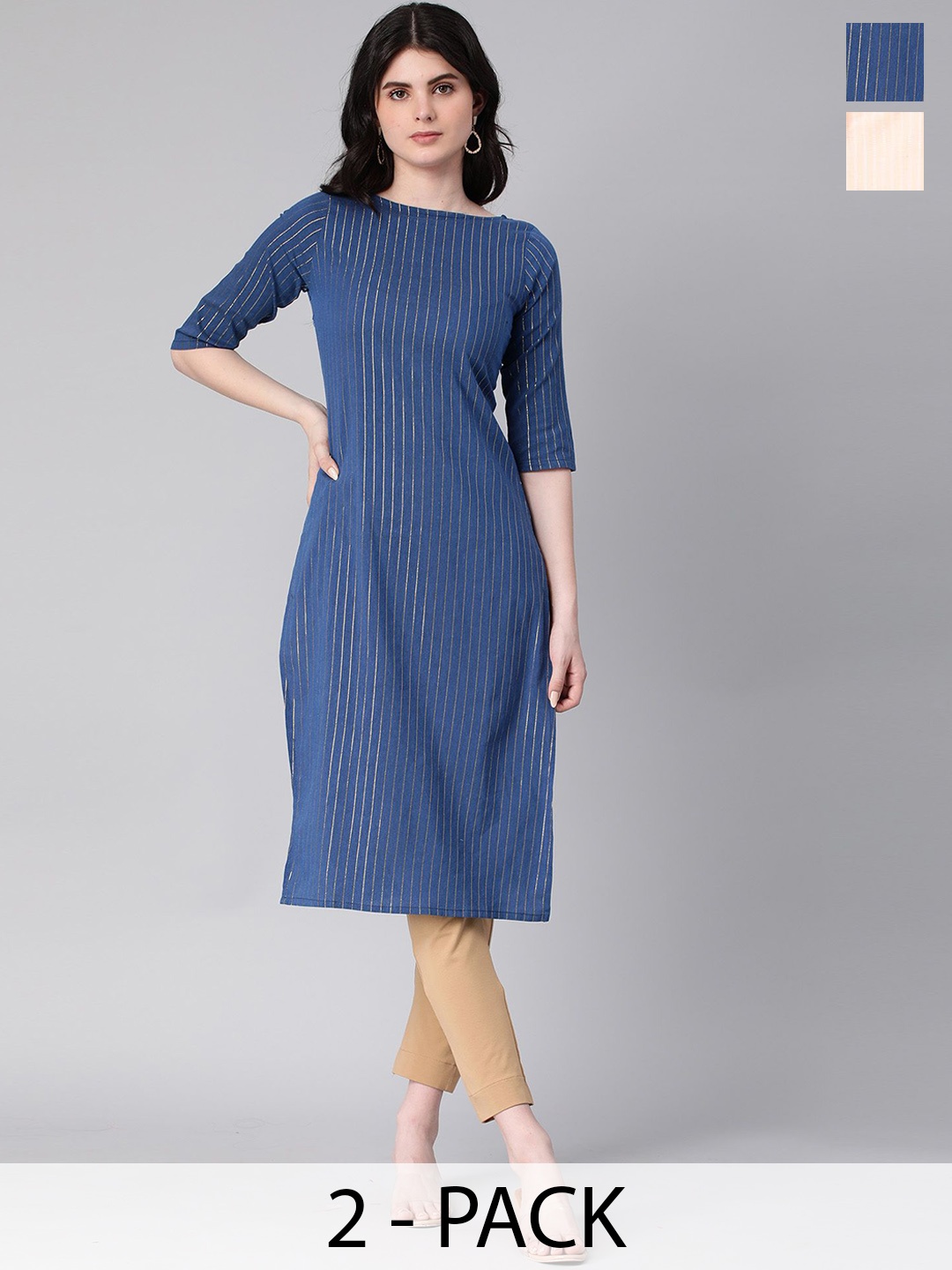 

KALINI Selection Of 2 Striped Round Neck Straight Kurtas, Navy blue