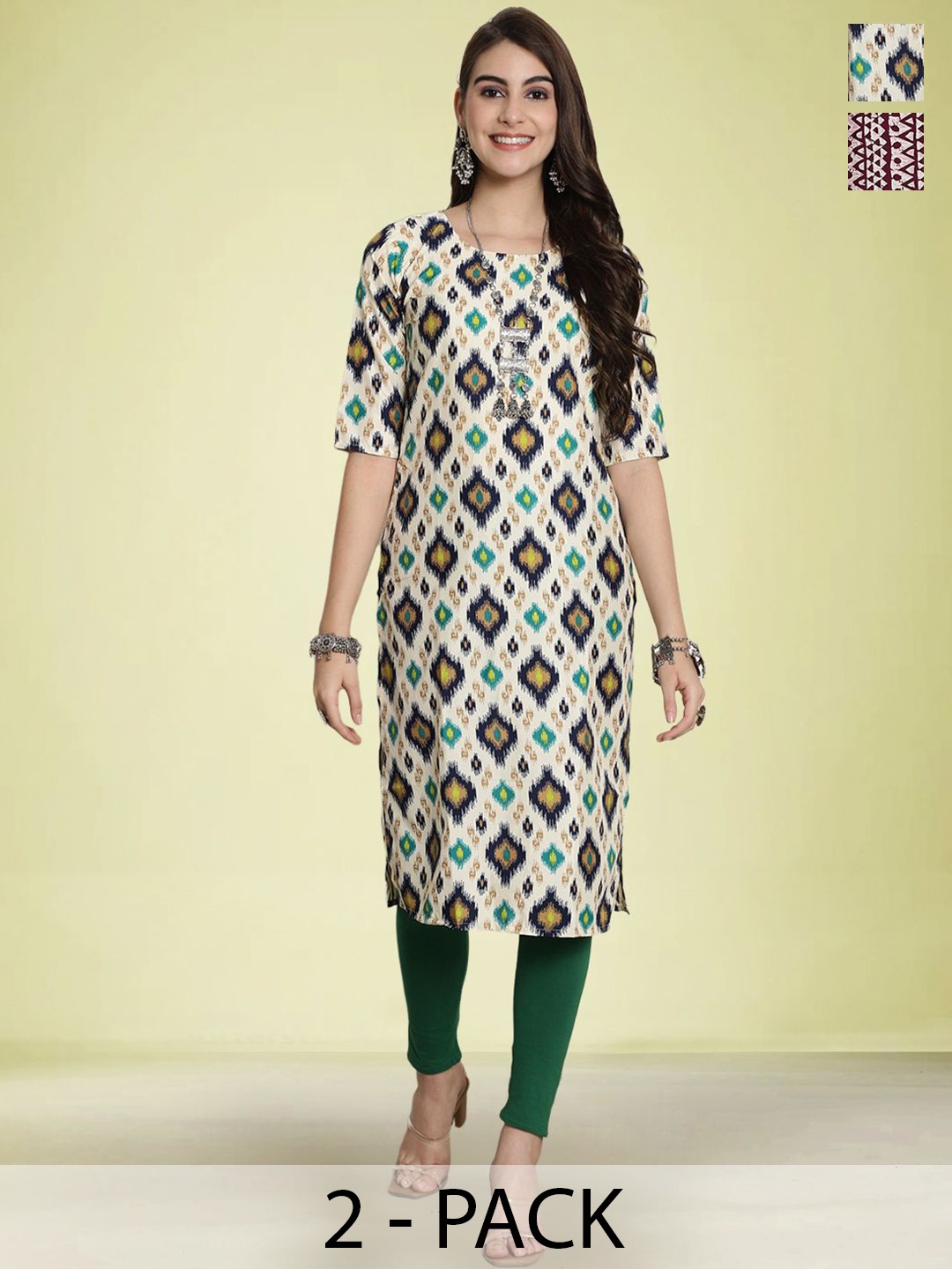 

Moda Rapido Selection Of 2 Ethnic Motifs Round Neck Straight Kurtas, Brown