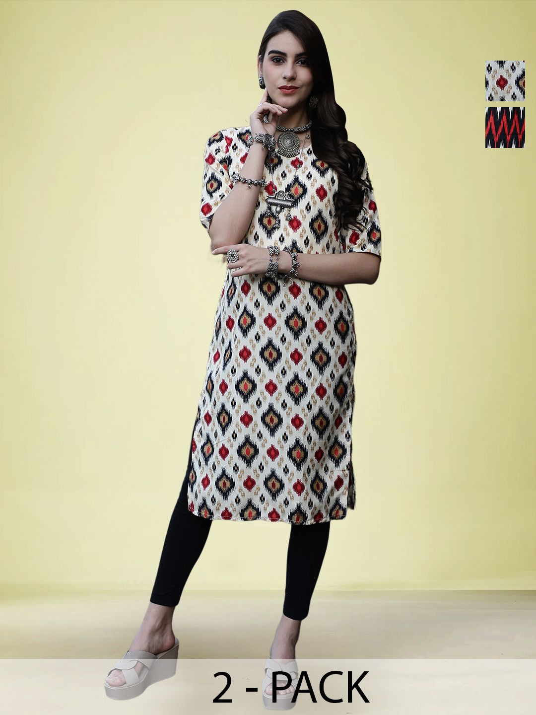 

Moda Rapido Selection of 2 Ethnic Motifs Printed Round Neck Straight Kurtas, Cream