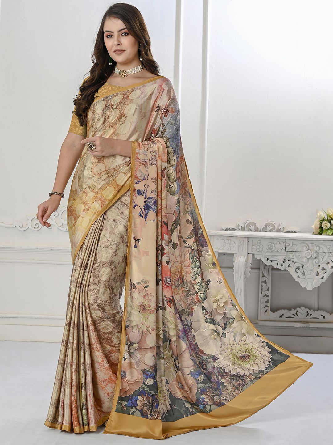 

Krimmple Floral Poly Crepe Mysore Silk Saree, Yellow