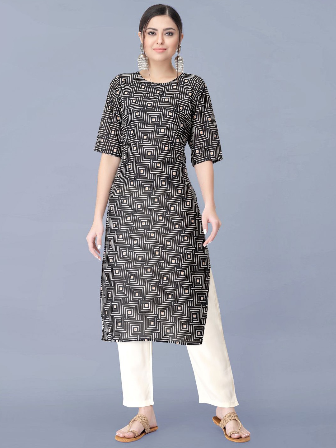 

Moda Rapido Geometric Printed Round Neck Straight Kurta With Trouser, Black