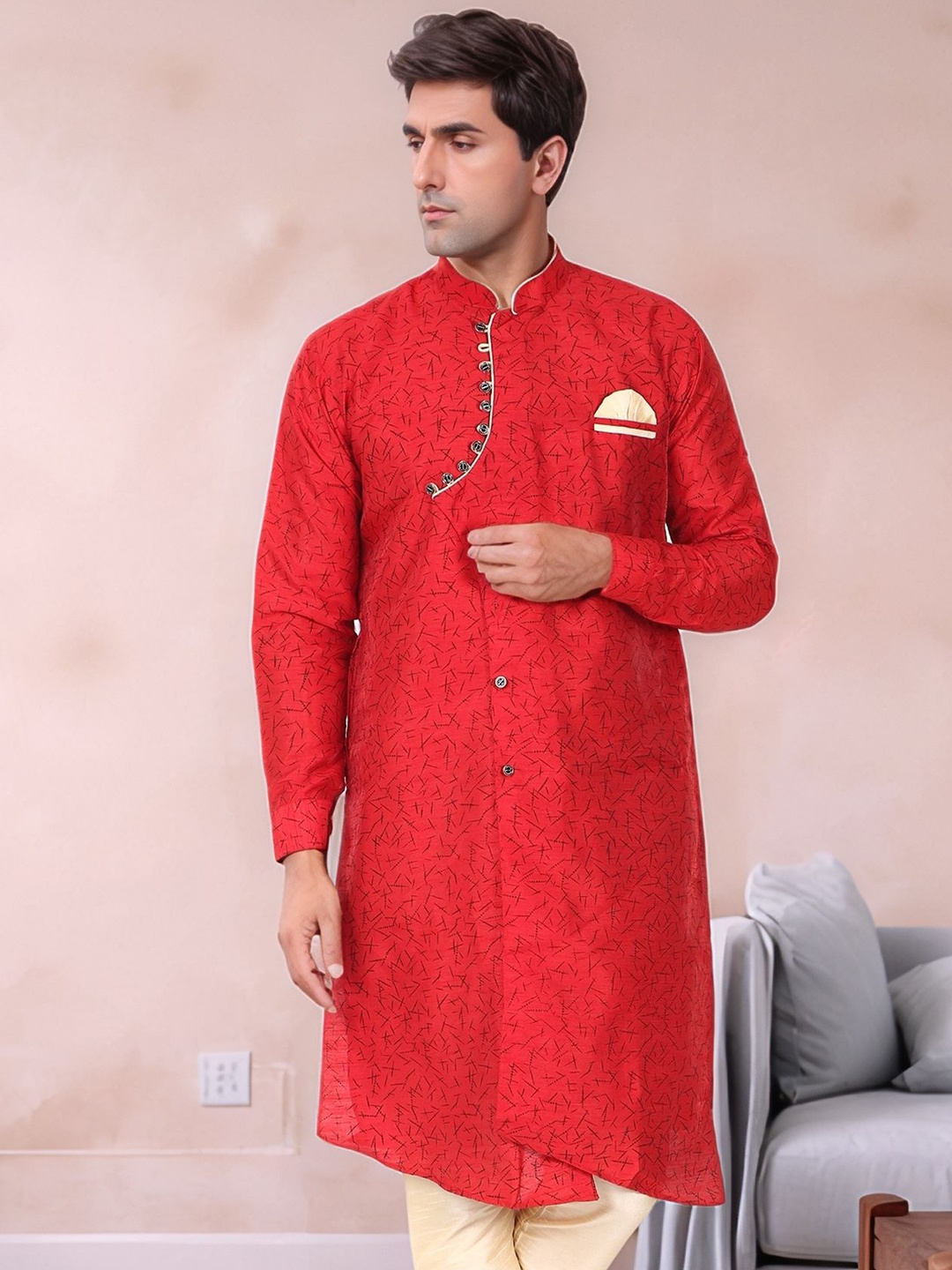 

Moda Rapido Men Printed Regular Kurta with Pyjamas, Red