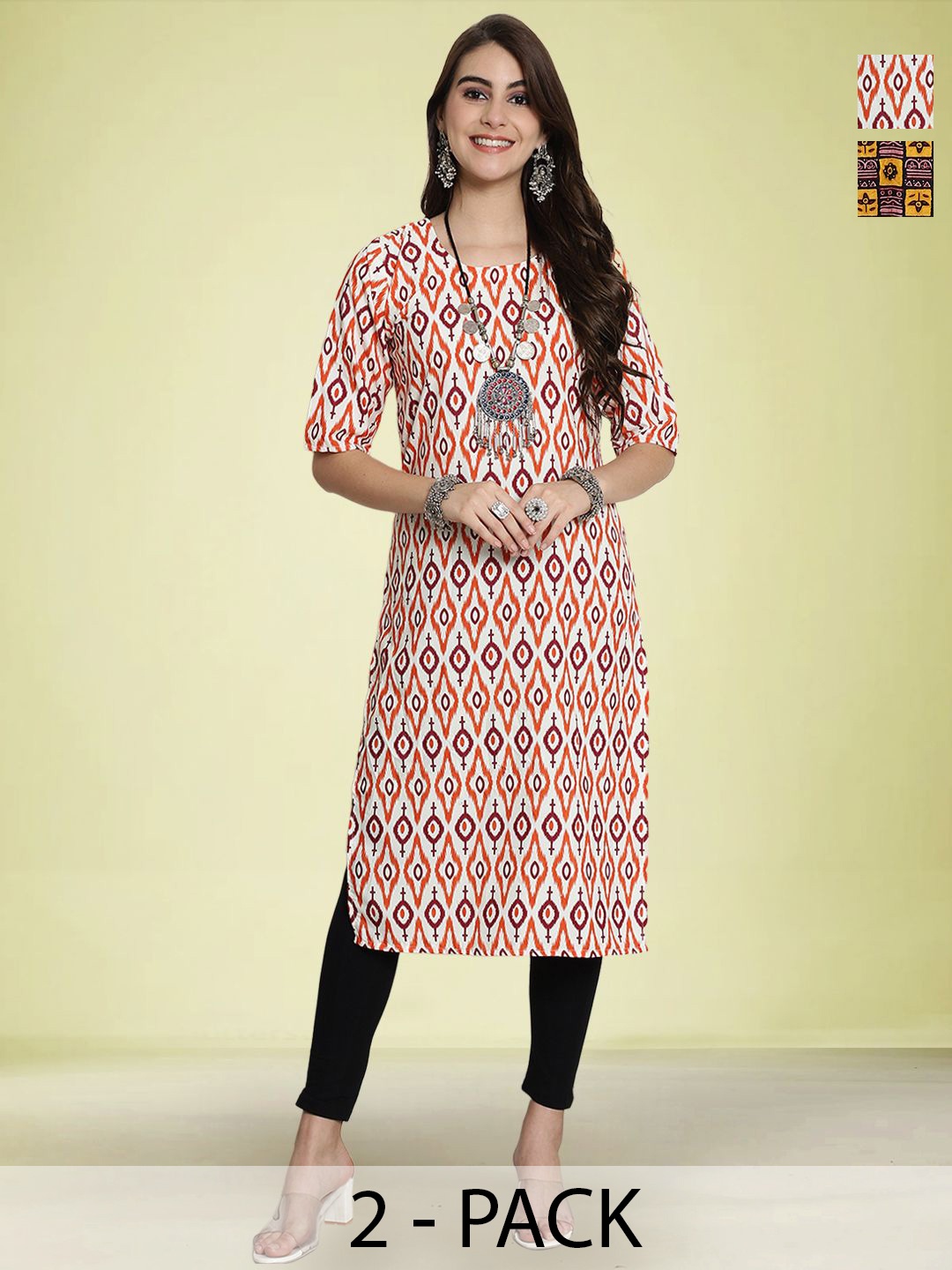 

Moda Rapido Pack Of 2 Ethnic Motifs Printed Round Neck Kurta, Orange