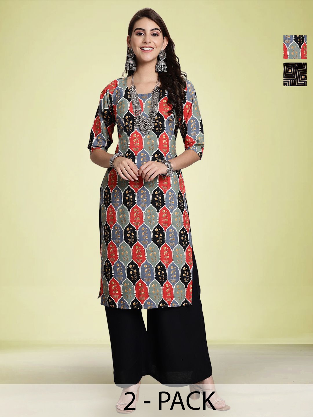 

Moda Rapido Women Pack Of 2 Ethnic Motifs Printed Straight Kurta, Black