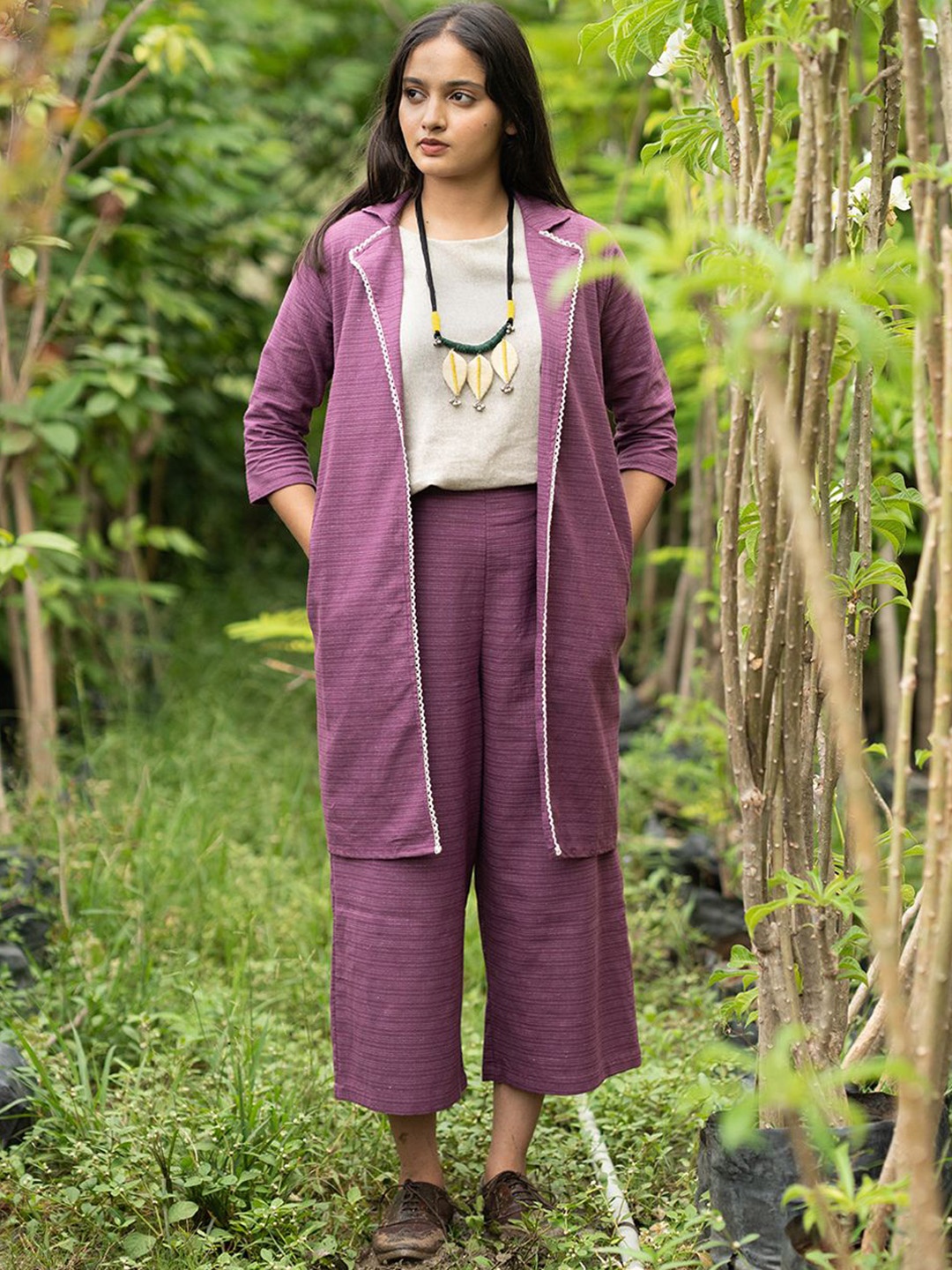 

JITI Self-Design Shirt Collar Pure Cotton Jacket And Palazzos, Purple