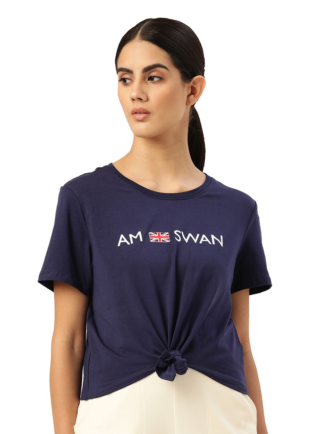 

AMSWAN Women Typography Printed Cotton Tshirt, Navy blue