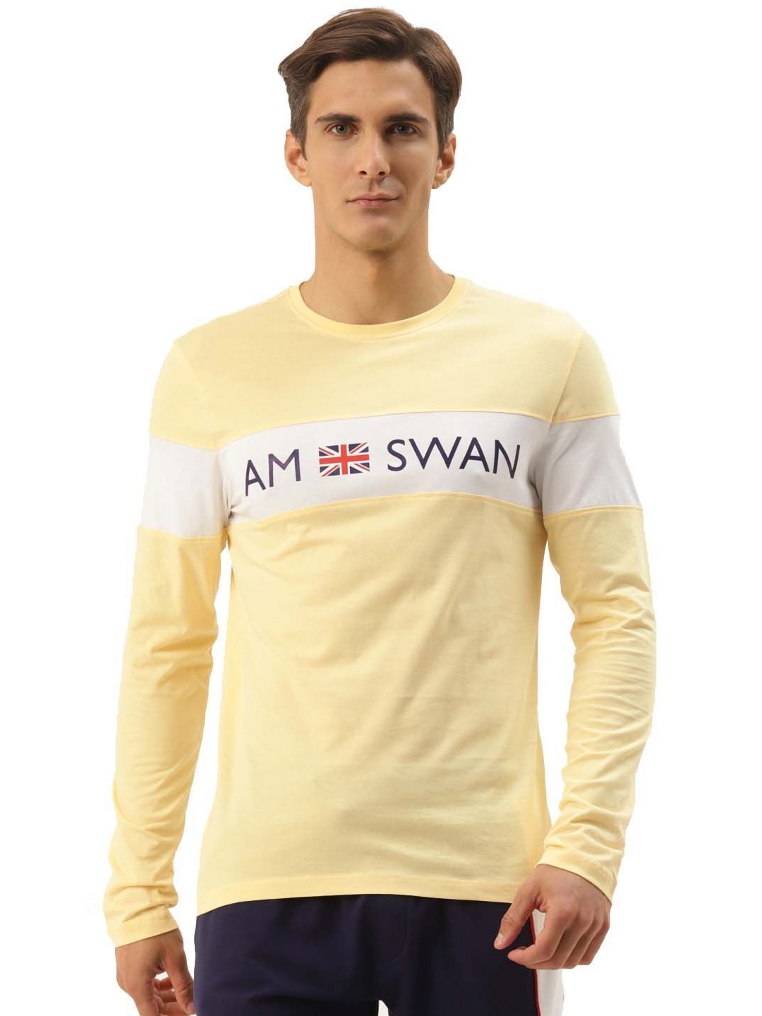 

AMSWAN Men Typography Printed Applique T-shirt, Beige