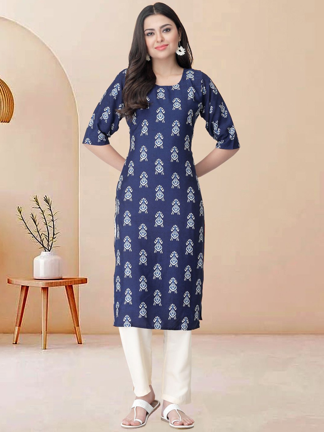 

Moda Rapido Geometric Printed Round Neck Straight Kurta With Trouser, Blue