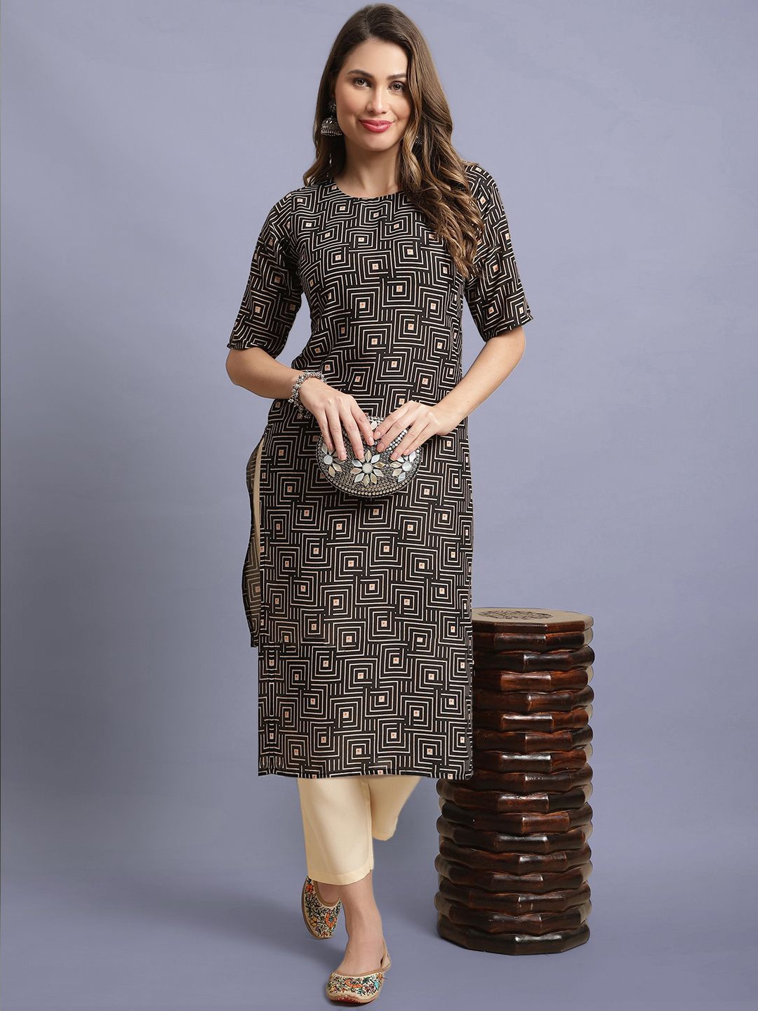 

Moda Rapido Geometric Printed Round Neck Straight Kurta With Trouser, Black