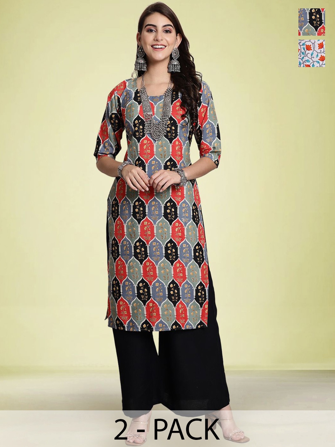 

Moda Rapido Selection Of 2 Floral Printed Round Neck Straight Kurtas, Black
