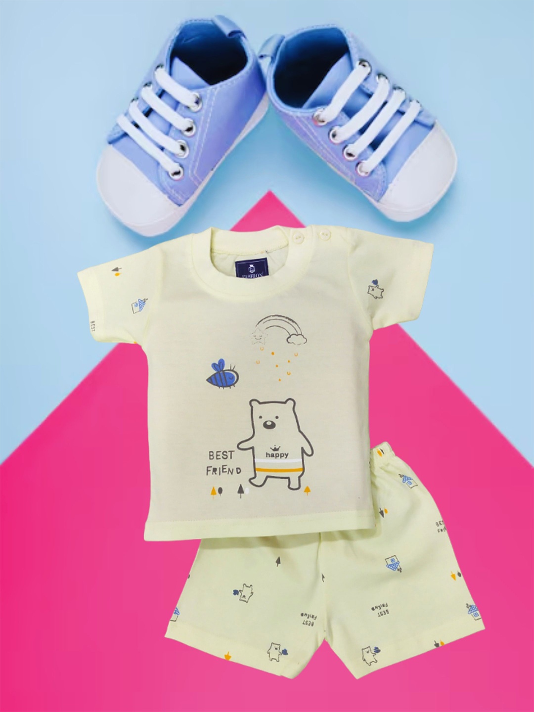 

FASHION GRAB Infant Kids Printed Pure Cotton T-Shirt With Shorts, Yellow
