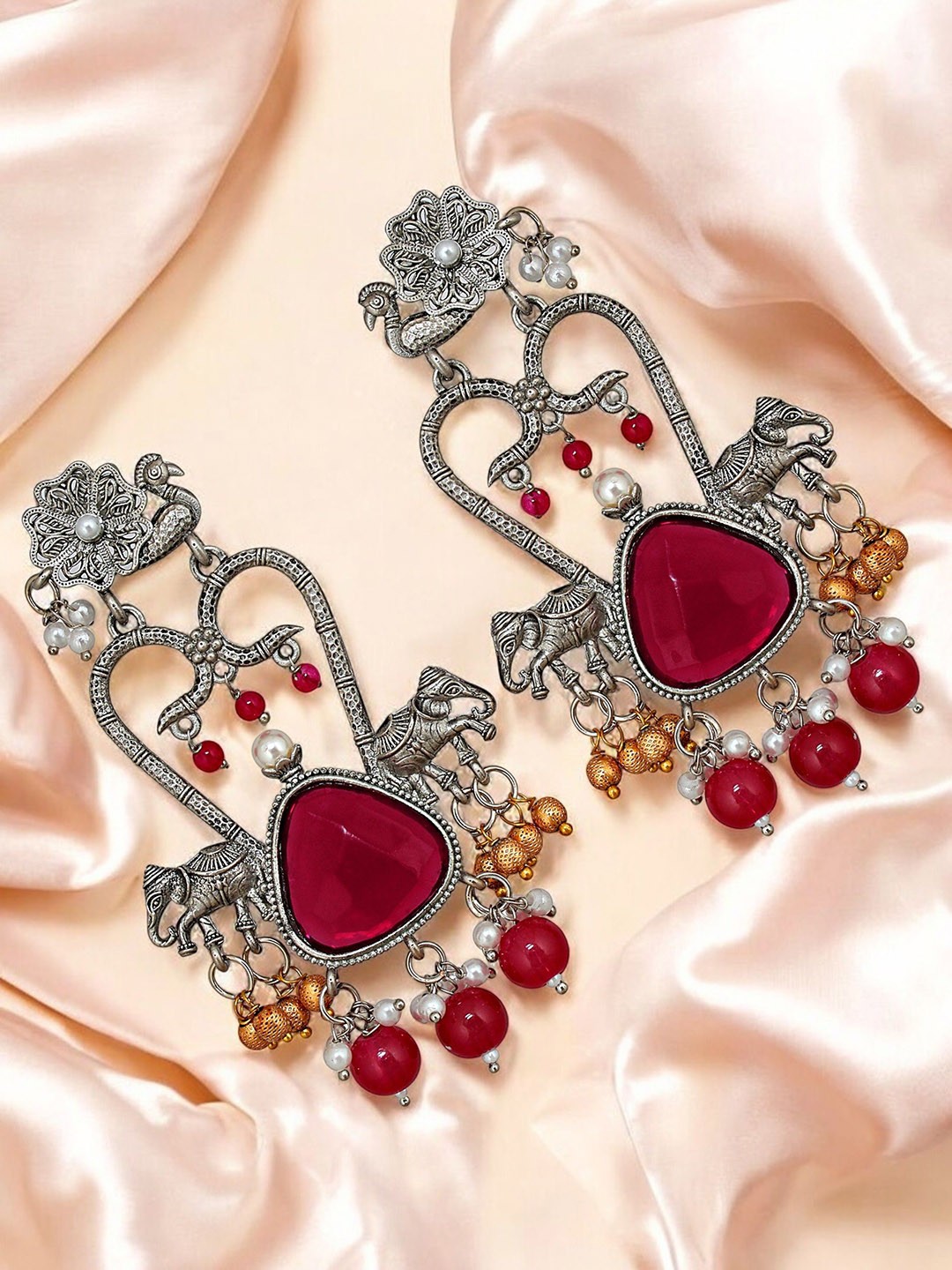 

LUCKY JEWELLERY Silver-Plated Artificial Stone Studded and Beaded Oxidised Drop Earrings
