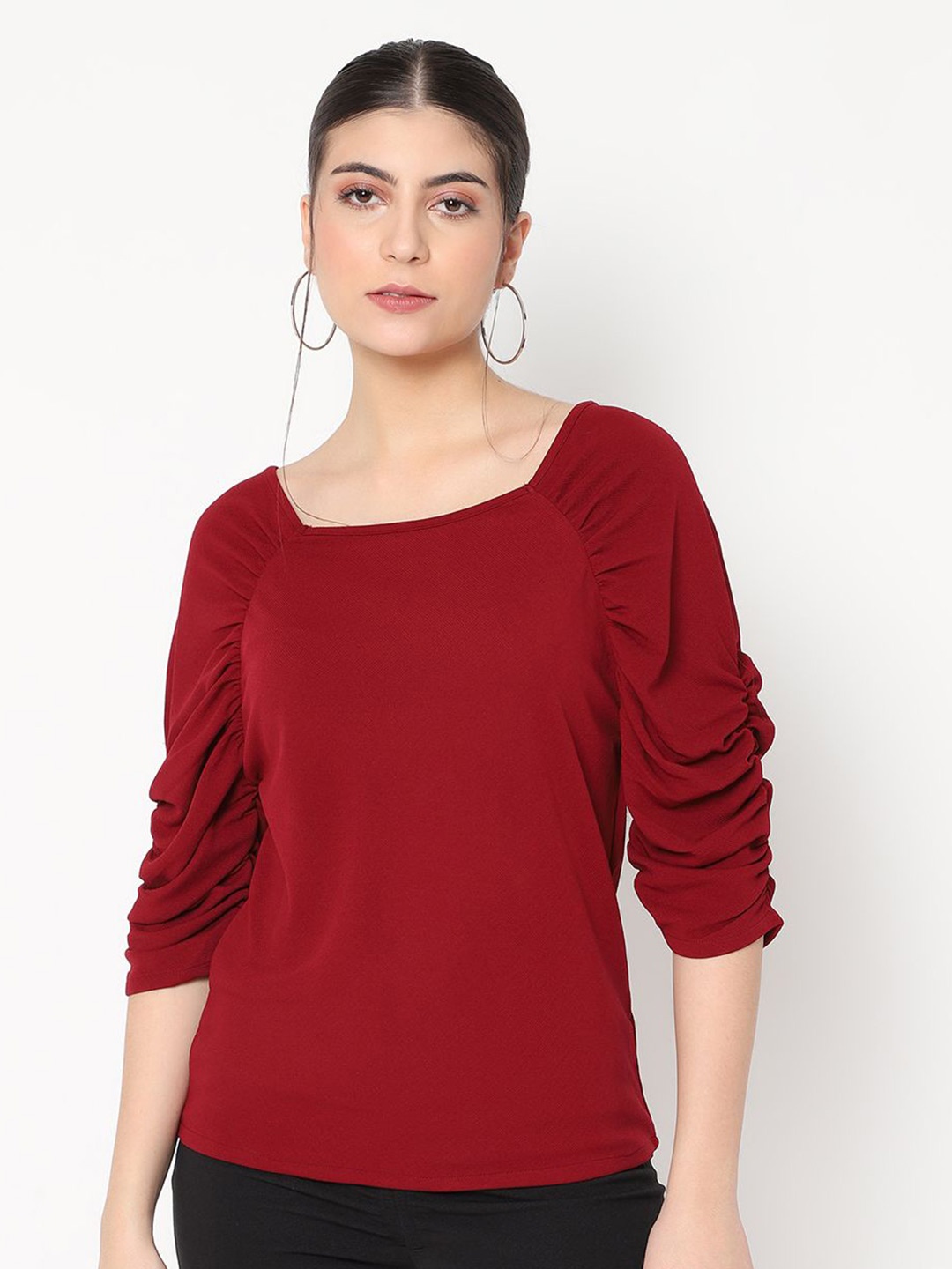 

AVANOVA Women Puff Sleeves Square Neck Top, Maroon