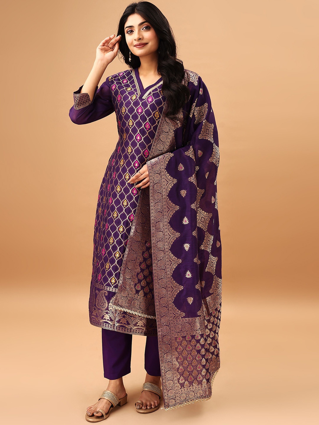 

Sashay Boutique Women Regular Chanderi Cotton Kurta with Trousers & With Dupatta, Purple