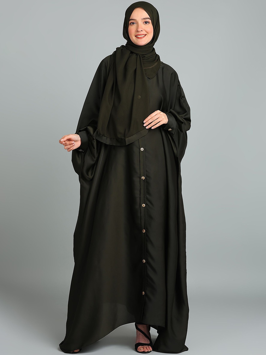 

BROKE BRAND Women Solid Round Neck Button Down Kaftan Abaya Burqa, Olive